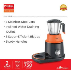 Prestige Stock O Mi 750 W Mixer Grinder, 3 Jars (1500 ml, 1000 ml, 400 ml) (Orange, Black)